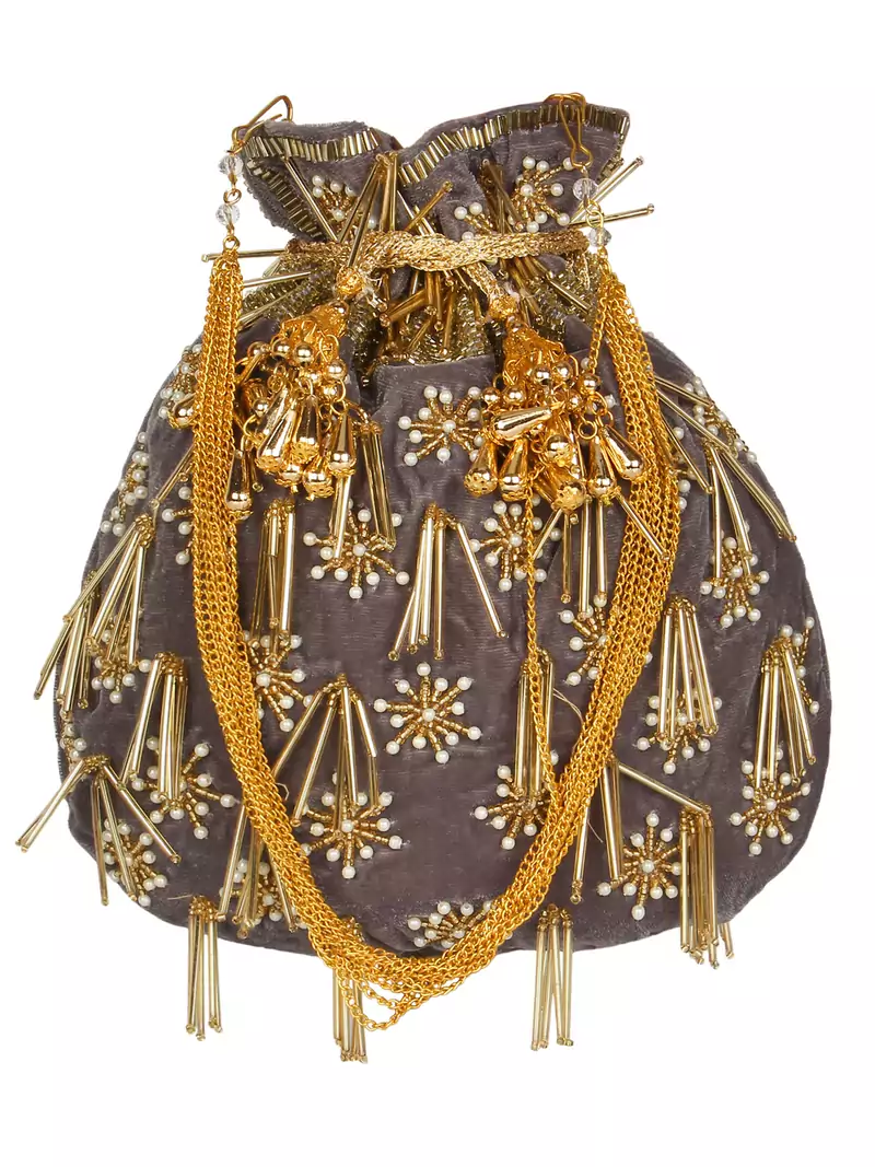 Anekaant Dangle Embellished Velvet Potli  Grey & Gold