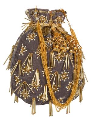Anekaant Dangle Embellished Velvet Potli  Grey & Gold 2