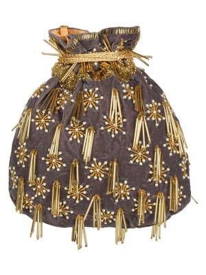 Anekaant Dangle Embellished Velvet Potli  Grey & Gold 3