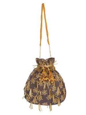Anekaant Dangle Embellished Velvet Potli  Grey & Gold 4
