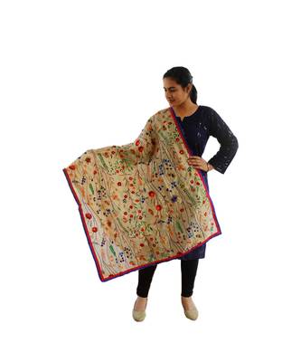 beige hand embroidered thread work flower print stole 1