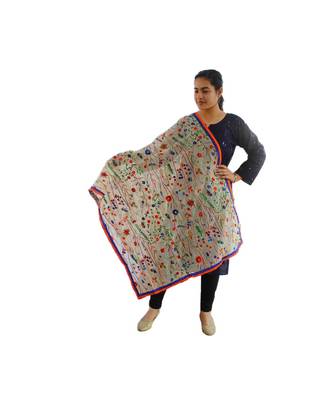 beige hand embroidered thread work flower print stole 1