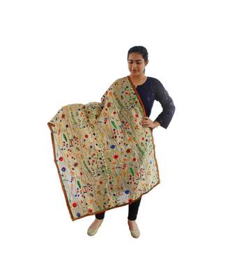 beige hand embroidered thread work flower print stole 1