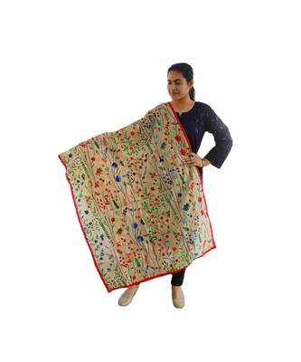 beige hand embroidered thread work flower print stole 1