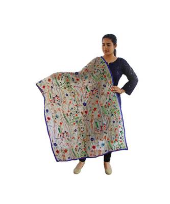 beige hand embroidered thread work flower print stole 1