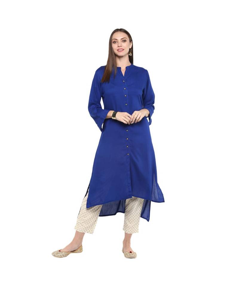 Blue Kurti With Beige Foil Print Trousers