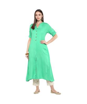 Green Kurti With Beige Foil Print Trousers 1