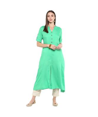 Green Kurti With Beige Foil Print Trousers 2