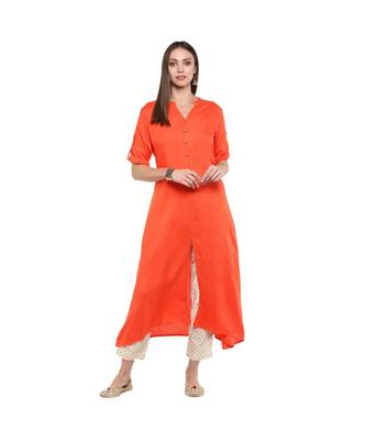 Orange Kurti With Beige Foil Print Trousers 1