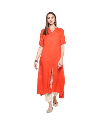 Orange Kurti With Beige Foil Print Trousers 3