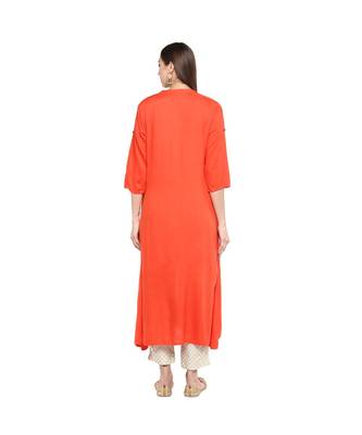 Orange Kurti With Beige Foil Print Trousers 4
