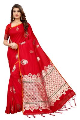 Red woven cotton saree with blouse 1