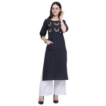 Dark-blue embroidered cotton long-kurtis 1