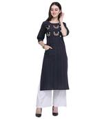 Dark-blue embroidered cotton long-kurtis