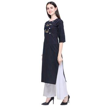 Dark-blue embroidered cotton long-kurtis 3