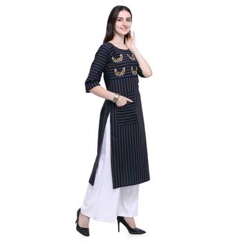 Dark-blue embroidered cotton long-kurtis 4