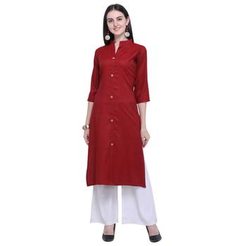 Dark-blood-red plain rayon long-kurtis 1