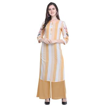 Light-orange embroidered rayon long-kurtis 1