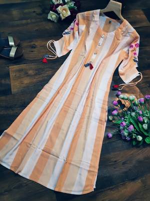Light-orange embroidered rayon long-kurtis 5