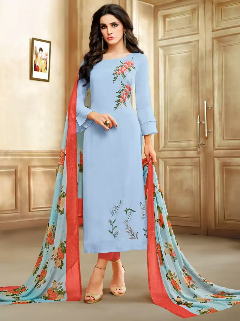 Light-Blue Embroidered Chanderi Silk Salwar
