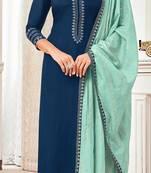 Navy-Blue Embroidered Blended Silk Salwar