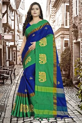 Royal Blue Embroidered Cotton Silk Saree With Blouse 1