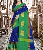Royal Blue Embroidered Cotton Silk Saree With Blouse