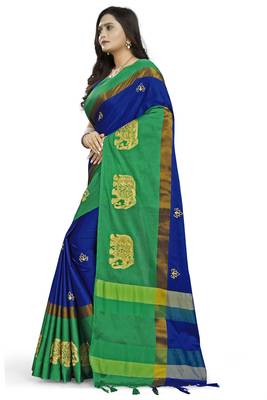 Royal Blue Embroidered Cotton Silk Saree With Blouse 2
