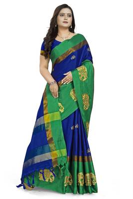 Royal Blue Embroidered Cotton Silk Saree With Blouse 3