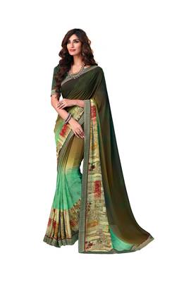 Dark green printed georgette saree with blouse 1