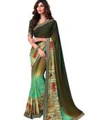 Dark green printed georgette saree with blouse