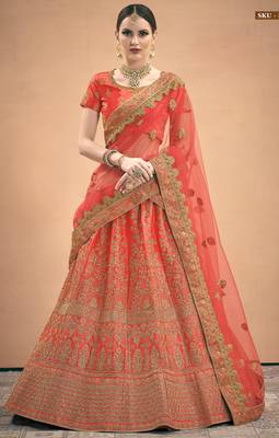 Red Stone, Dori, Zari And Thread Embroidered Satin lehenga 1