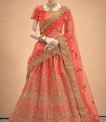 Red Stone, Dori, Zari And Thread Embroidered Satin lehenga