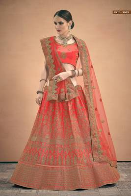 Red Stone, Dori, Zari And Thread Embroidered Satin lehenga 2