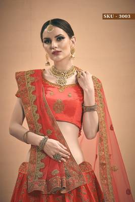 Red Stone, Dori, Zari And Thread Embroidered Satin lehenga 3