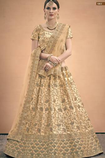 Beige Stone, Dori, Zari And Thread Embroidered Satin Semi Stitched bridal lehenga