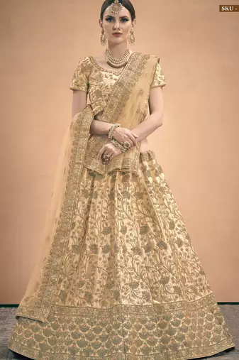 Beige Stone, Dori, Zari And Thread Embroidered Satin Semi Stitched bridal lehenga
