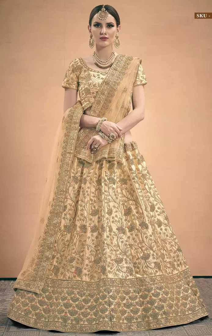 Beige Stone, Dori, Zari And Thread Embroidered Satin Semi Stitched bridal lehenga