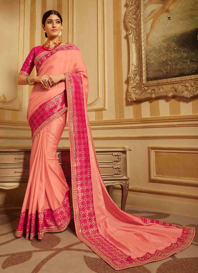 Peach Embroidered Silk Blend Saree With Blouse