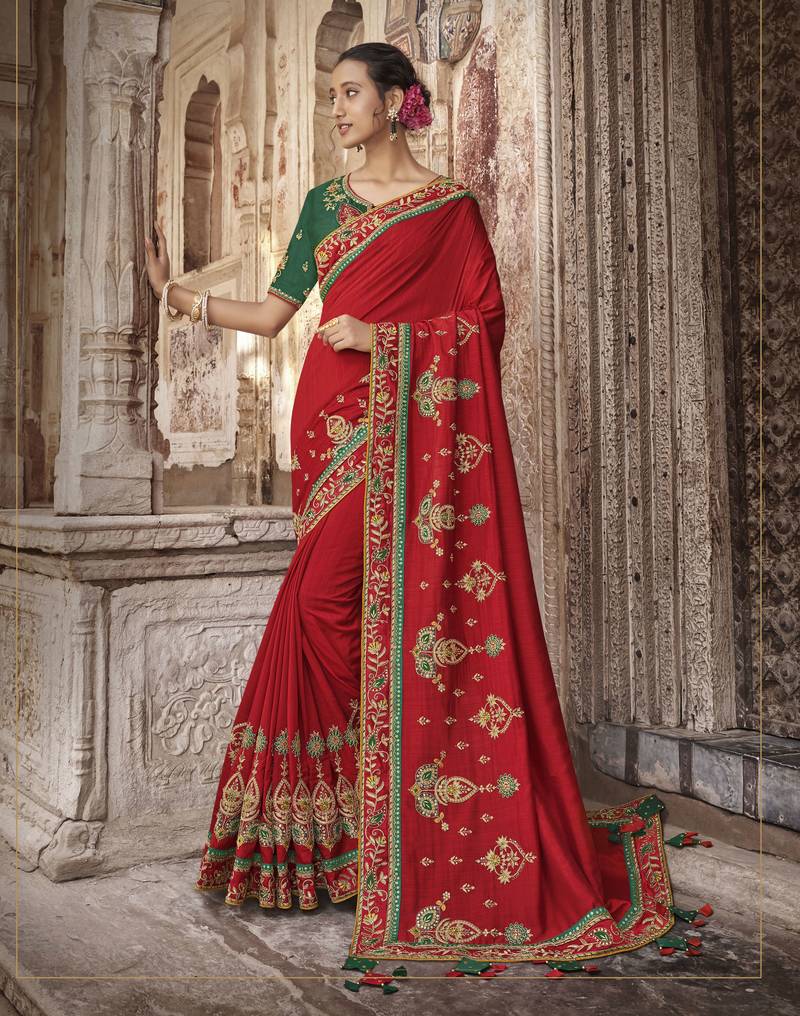 Embroidered Burnt Red Silk Saree