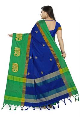 Royal Blue Embroidered Cotton Silk Saree With Blouse 4