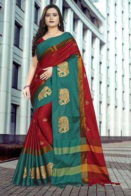 Red Embroidered Cotton Silk Saree With Blouse 1