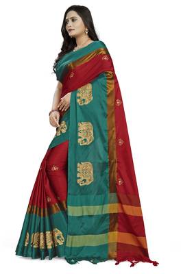 Red Embroidered Cotton Silk Saree With Blouse 2