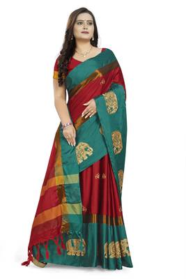 Red Embroidered Cotton Silk Saree With Blouse 3