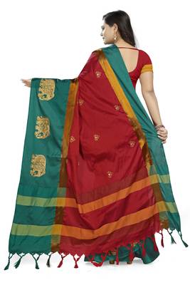 Red Embroidered Cotton Silk Saree With Blouse 4