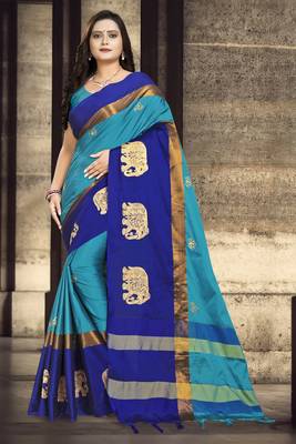 Blue Embroidered Cotton Silk Saree With Blouse 1