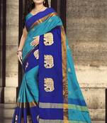 Blue Embroidered Cotton Silk Saree With Blouse