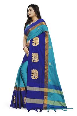 Blue Embroidered Cotton Silk Saree With Blouse 2