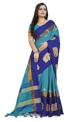 Blue Embroidered Cotton Silk Saree With Blouse 3