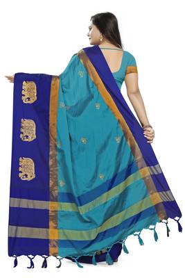 Blue Embroidered Cotton Silk Saree With Blouse 4